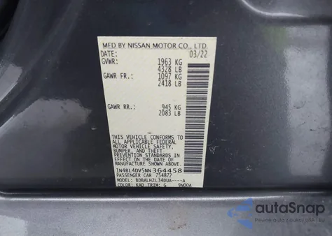 2022 Nissan Altima Sv Fwd из США, поврежденный, VIN 1N4BL4DV5NN364458